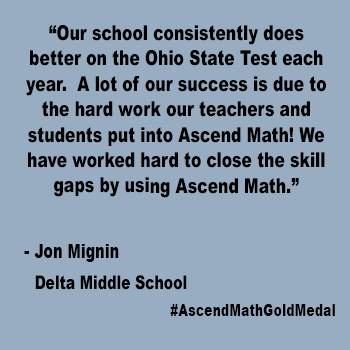 Our school consistently does better on the Ohio State Test each year.  A lot of our success is due to the hard work our teachers and students put into Ascend Math! We have worked hard to close the skill gaps by using Ascend Math.  Delta Middle School